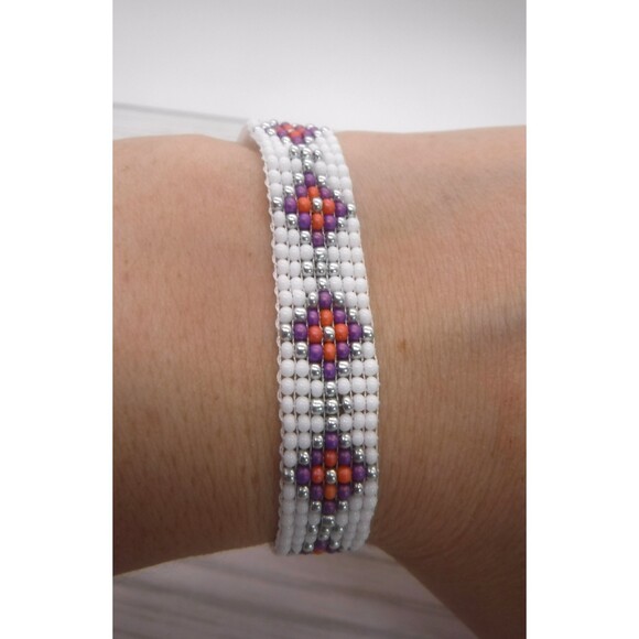 Loom Beaded Bracelet White, Purple & Pink - Picture 1 of 4